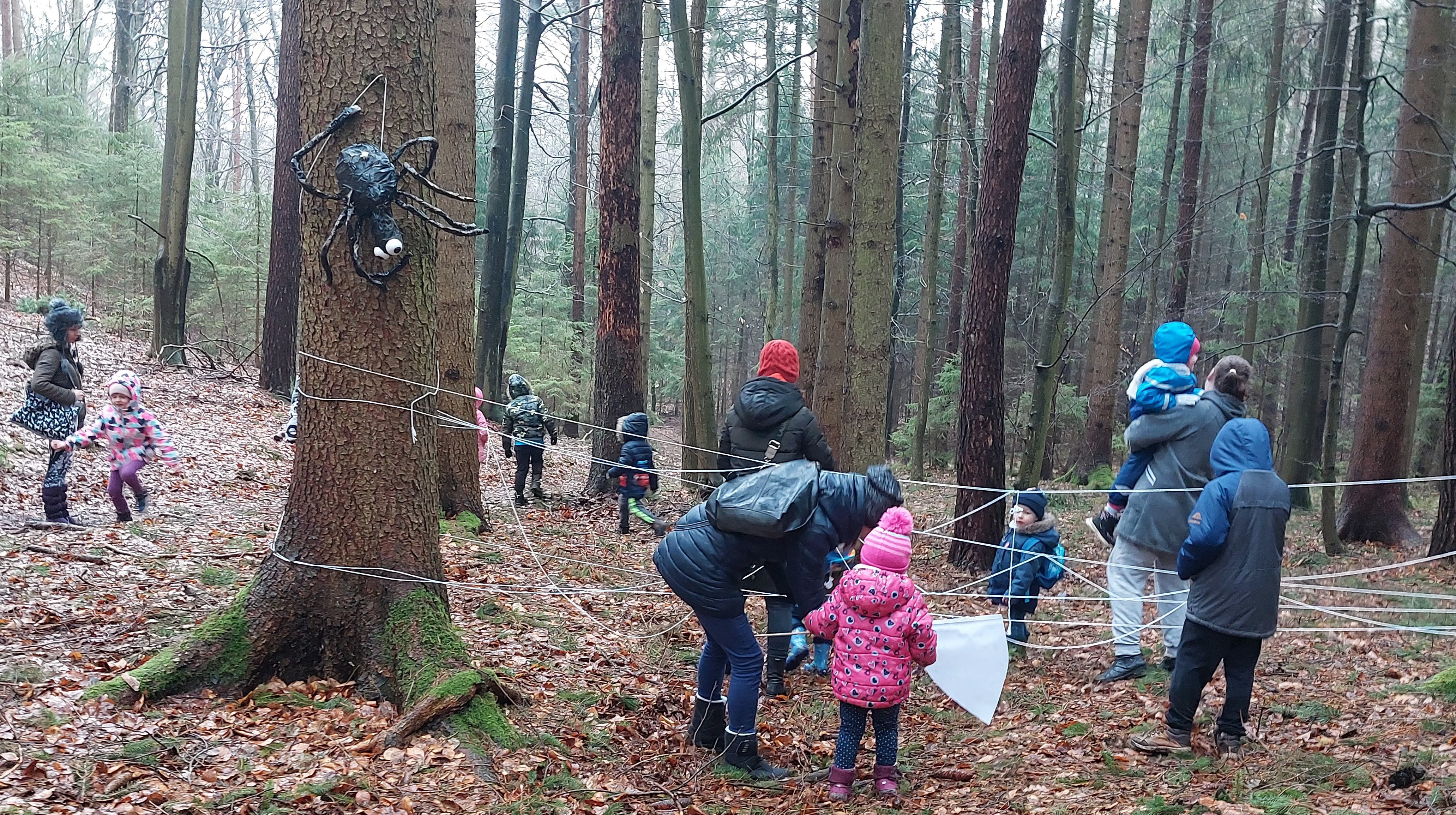 Uczestnicy wykonują zadanie - przechodzą przez pajęczynę wykonaną z linek, na drzewie zaiweszony pająk - kukiełka